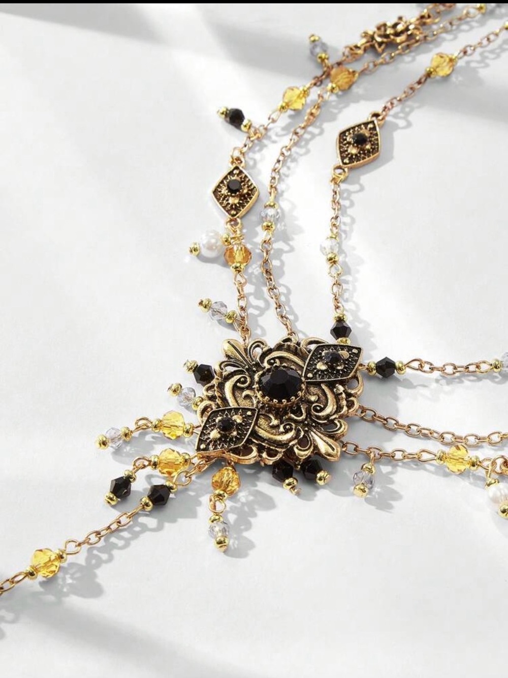 Vintage Boho Layered Y-Necklace with Black & Gold Charms